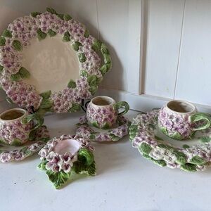 Vintage 1950s Italian Magolica Purple Hydrangea Set